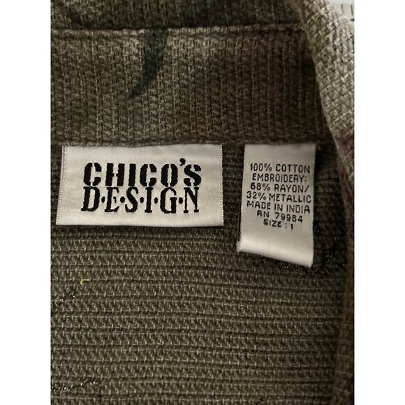 Chicos Design Olive Purple Floral Button-Up Jacket Size 1 Gold Metallic Detail - Picture 4 of 8